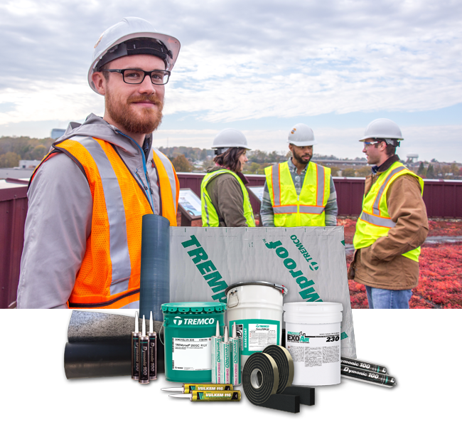 A construction worker smiles at the camera with a collage of Tremco products, including sealant tubes and cartridges, pails of waterproofing, and foam tapes.