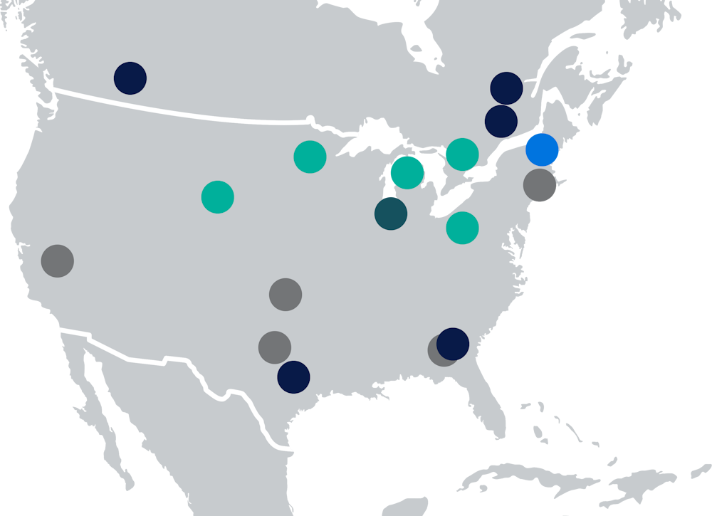 A map of North America with colored circles over Tremco's manufacturing locations.