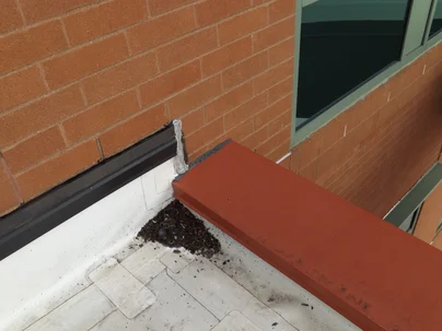 An example of a deteriorating parapet-to-wall termination due to direct elemental exposure.