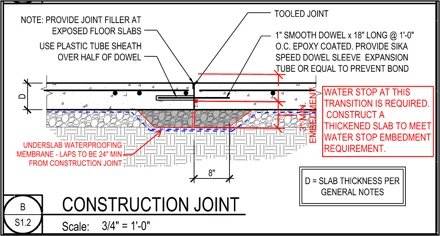 Architectural drawing of a construction joint detailing project specifications.