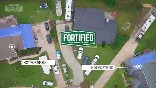 An aerial view showing the difference between FORTIFIED roofing versus not fortified.