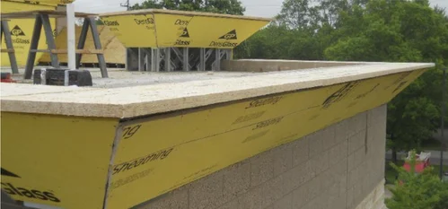 Image showing how Prebuck parapet caps serve as a more stable platform for roofing membrane attachment compared to other similar products.