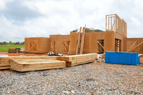 Pictured: generic wood framing for a residential structure prior to installing Tremco air barrier.