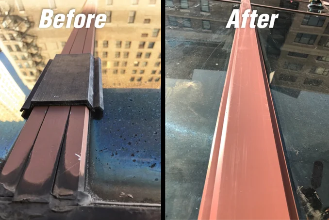 A before and after visualization of a restored glazing system on an exterior window.