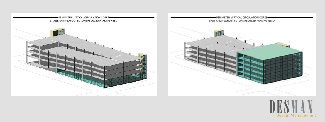 A rendering of a multi-story parking garage plan.