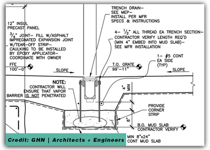 An architect's detailed drawing depicting an expansion joint and vapor barrier designed for a specific project.