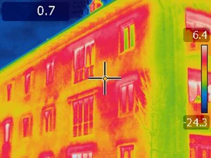 Example of a heat map demonstrating which areas of the building envelope show highest levels of heat, moisture, and air flow.