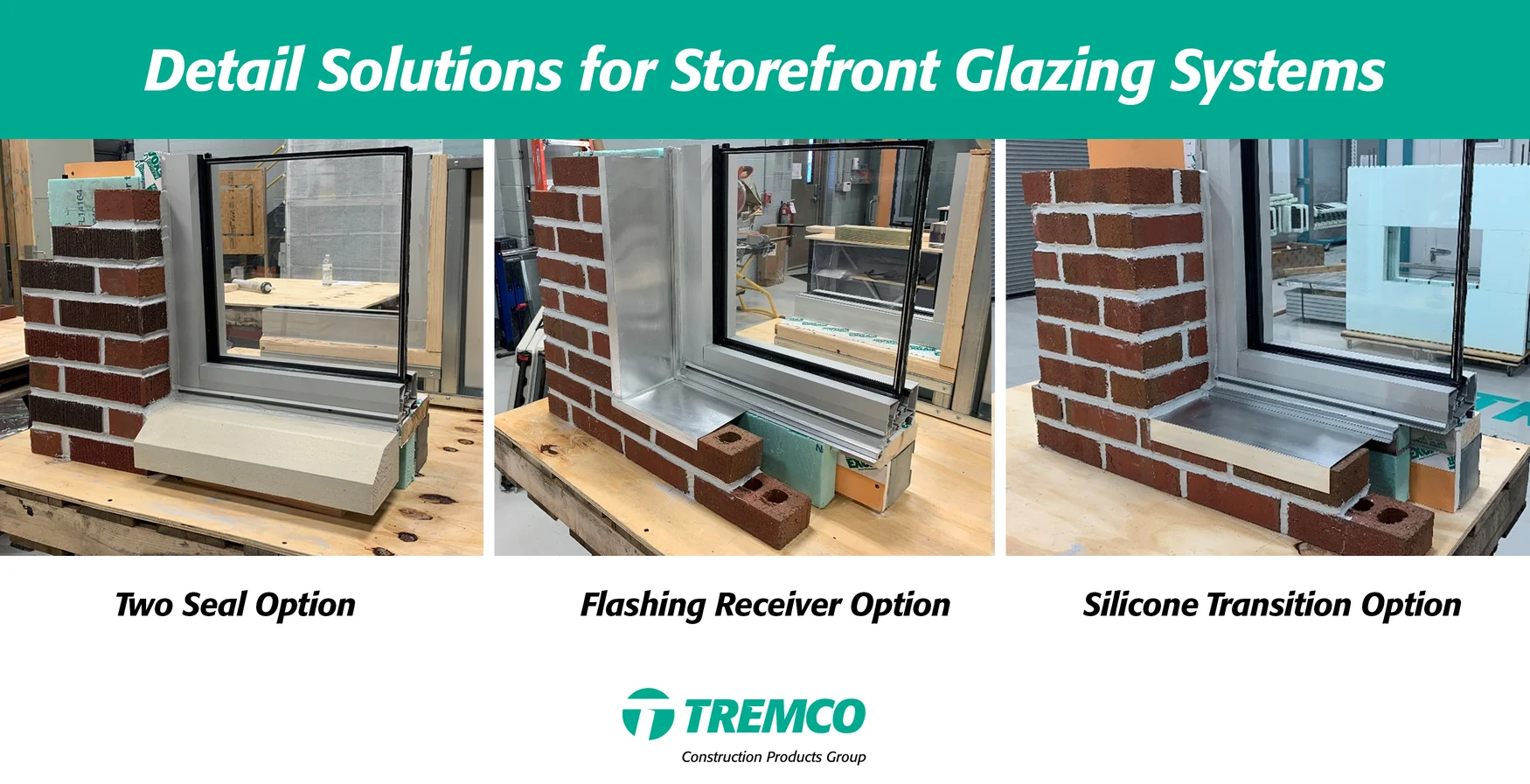 Three mockups constructed at Tremco CPG Building Science Lab using the Kawneer Trifab® 451UT Storefront Framing System, from left to right: Two Seal Option, Flashing Receiver Option, and Silicone Transition Option.