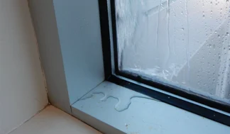 Pictured: A failed window sealant allows for water to permeate the interior of the window sill assembly.