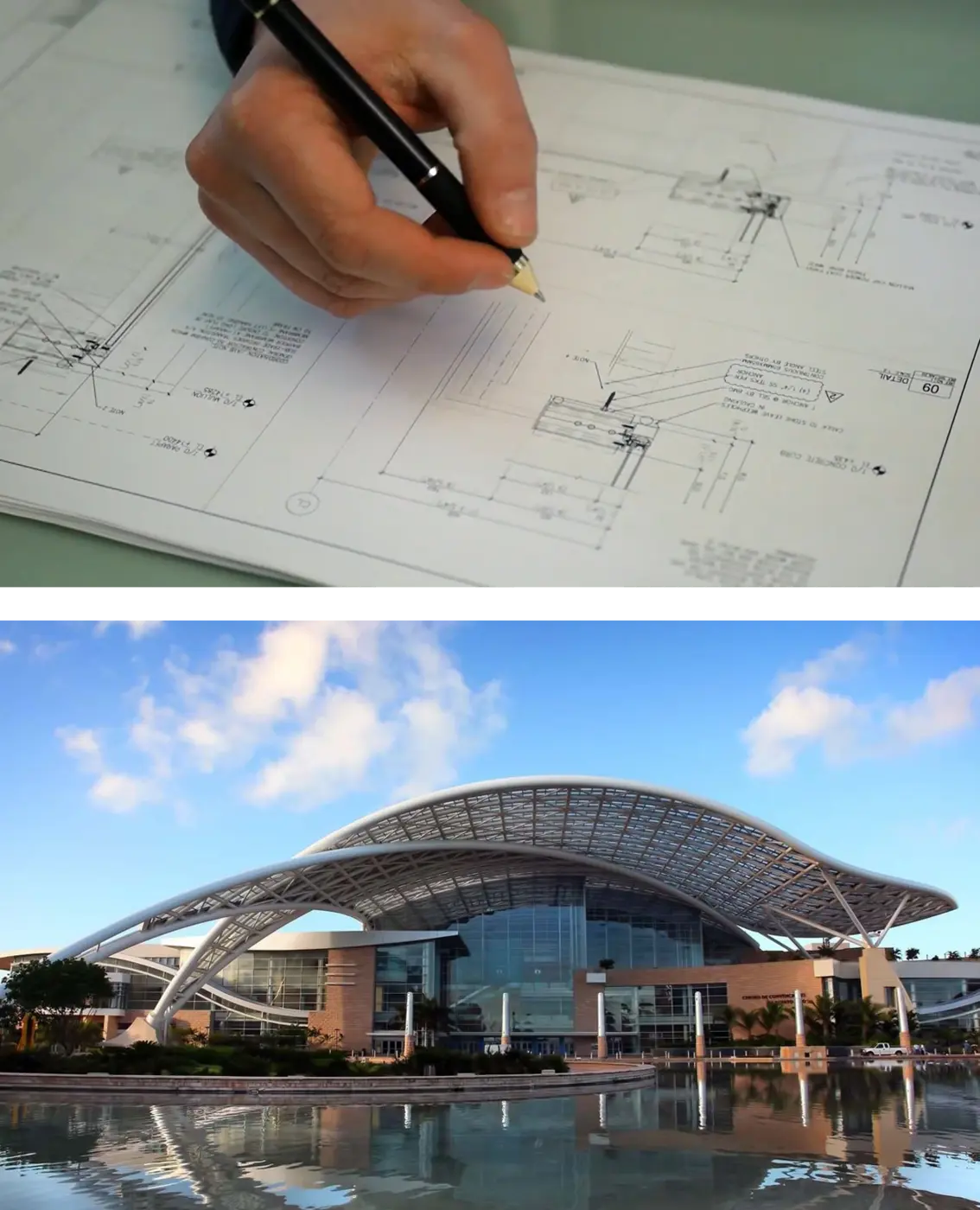 Two photos, one with someone writing on a construction blueprint and the other is of the Puerto Rico Convention Center building with a large glass roof